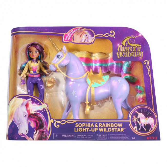 Unicorn Academy unicorno luminoso Wildstar 28 cm con bambola Sophia 24 cm