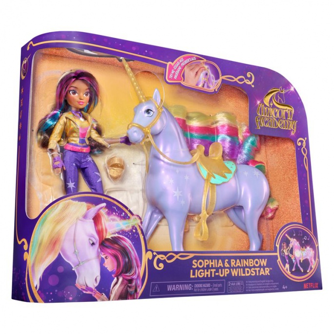 Unicorn Academy unicorno luminoso Wildstar 28 cm con bambola Sophia 24 cm
