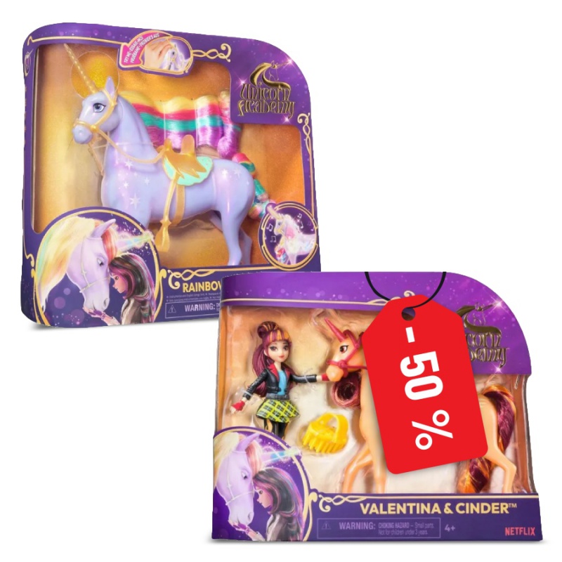 Unicorn Academy unicorno luminoso Wildstar 28 cm + Valentina e Cinder 11 cm per metà prezzo