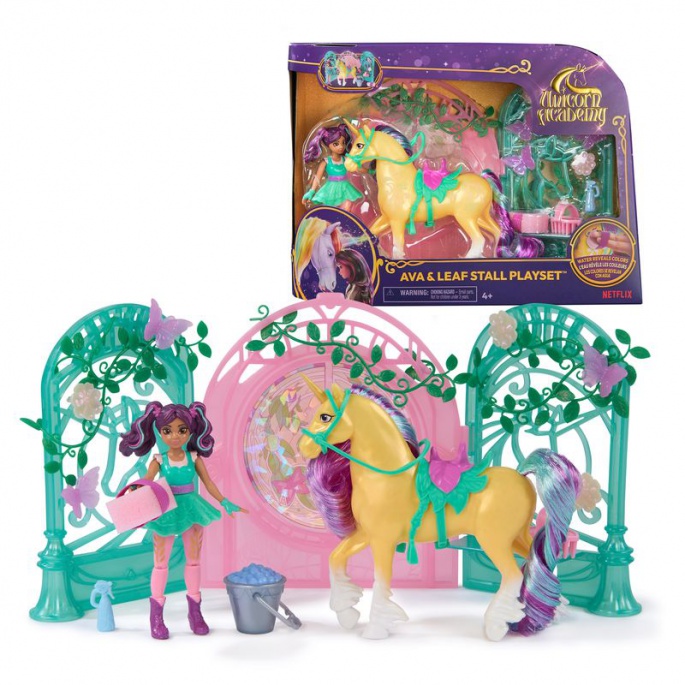 Unicorn Academy piccola stalla con bambola Ava e unicorno Leaf che cambia colore