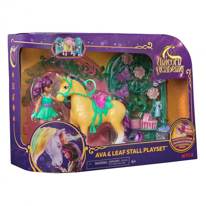 Unicorn Academy piccola stalla con bambola Ava e unicorno Leaf che cambia colore