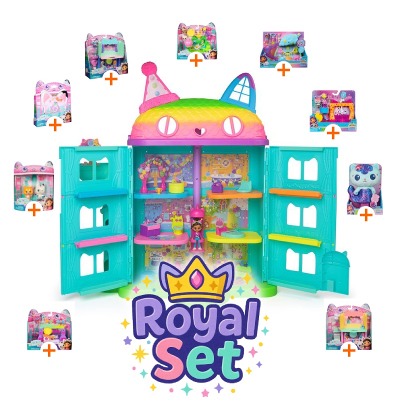 Royal set: Gabby’s Dollhouse grande casa festa con 9 accessori + Mercat di peluche GRATIS