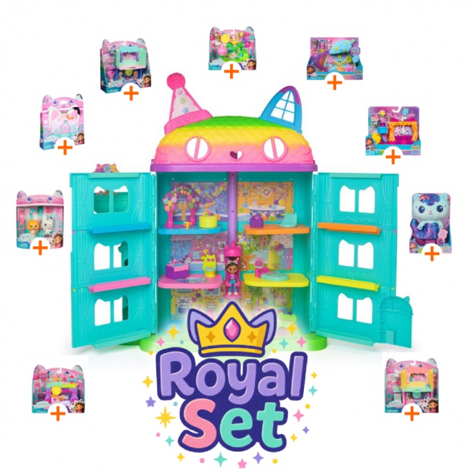 Royal set: Gabby’s Dollhouse grande casa festa con 9 accessori + Mercat di peluche GRATIS