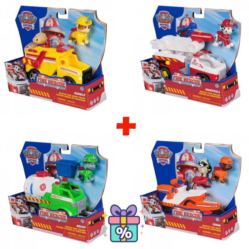 Set vantaggioso: Paw Patrol Fire Rescue veicolo Rubble + Marshall + Rocky + Zuma