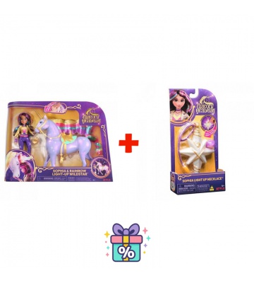 Set vantaggioso: Unicorn Academy unicorno luminoso Wildstar 28 cm e Sophia 24 cm + collana con anello