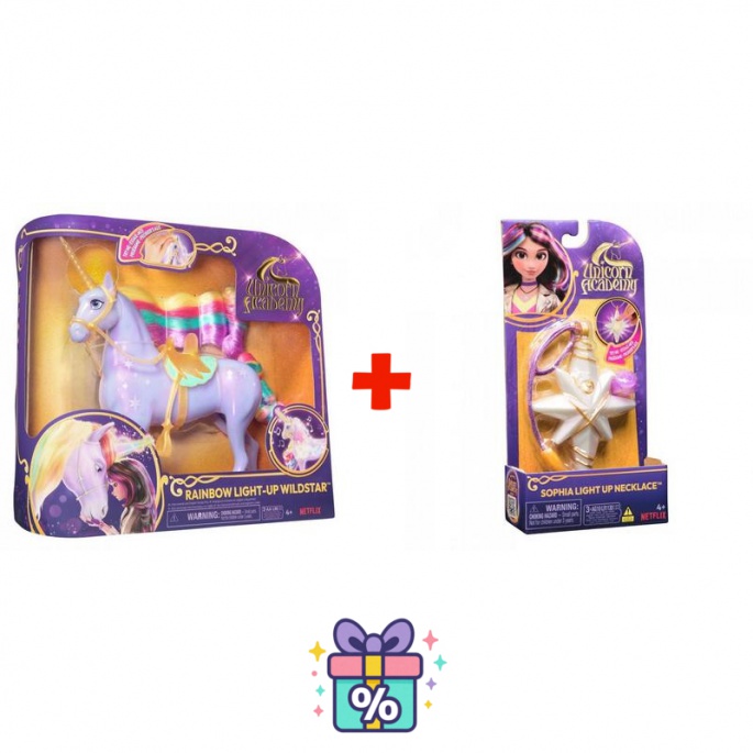 Set vantaggioso: Unicorn Academy unicorno luminoso Wildstar 28 cm + collana con anello
