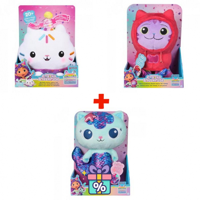 Set conveniente: Gabby’s Dollhouse peluche parlante Cakey + peluche DJ Catnip e Mercat