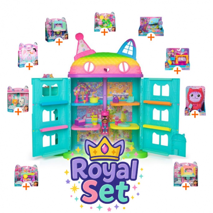 Royal set: Gabby’s Dollhouse grande casa festa con 9 accessori + DJ Catnip di peluche GRATIS