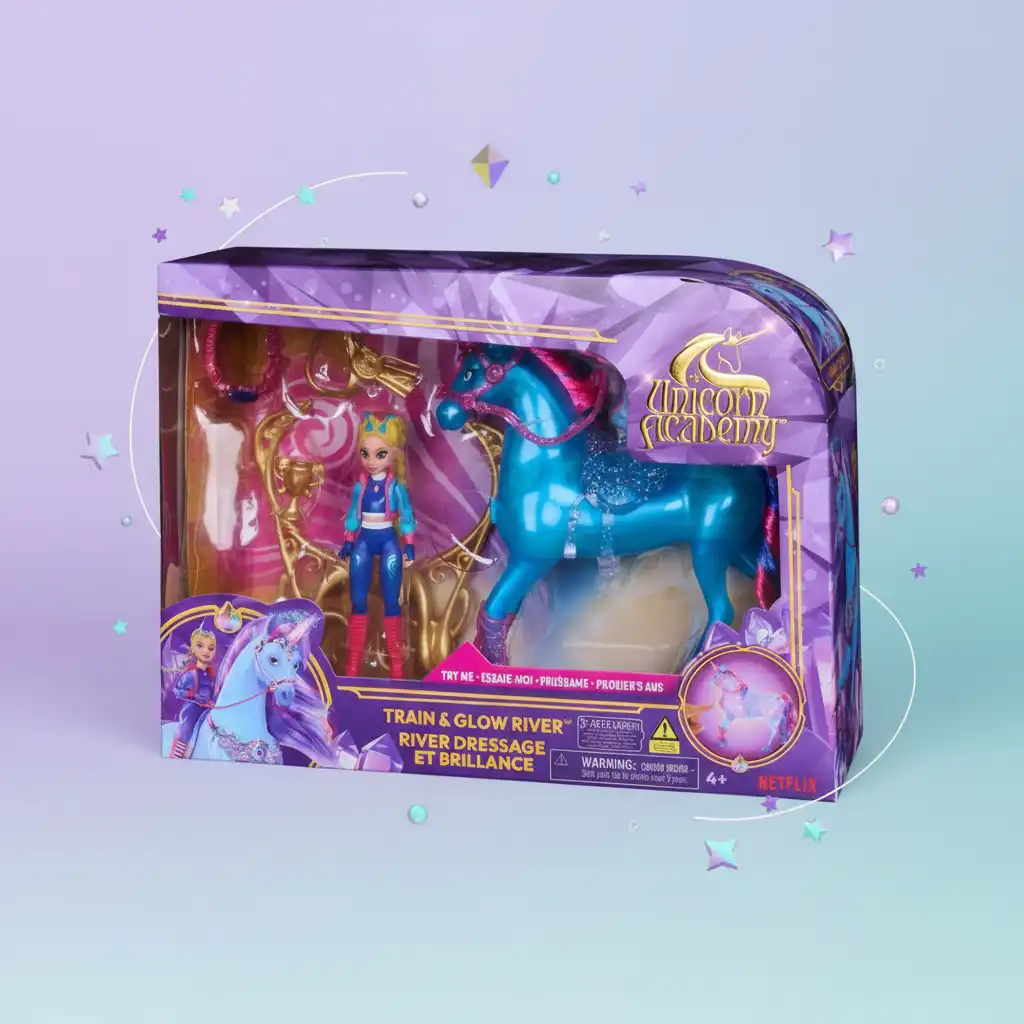 Effetti luminosi magici attivati dalla gemma sul petto dell'unicorno.