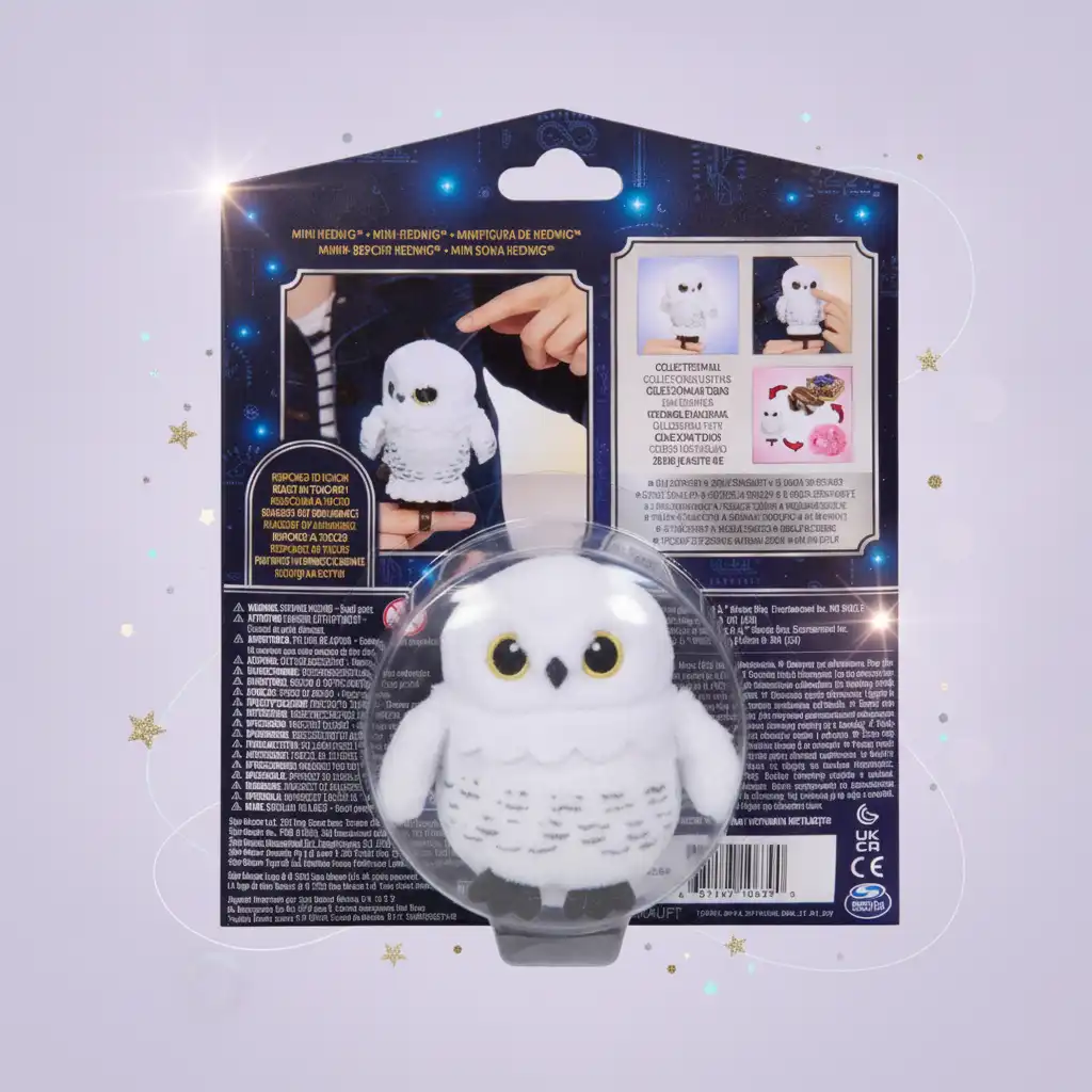 Lavorazione in peluche dettagliata e occhi realistici del gufo Edvige.